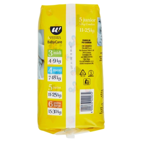 16 PANNOLINI BABY CARE JUNIOR DRY COMFORT 11-25 KG U! Confronta & Risparmia
